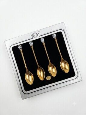 KP 24K Gold Plated Demitasse Spoons Set 4 Swarovski Strass Crystal Vintage Box
